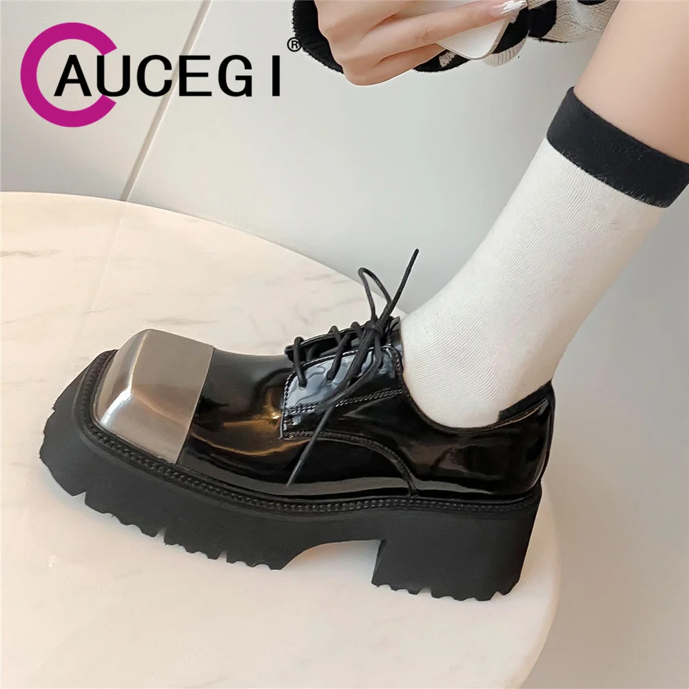 

Aucegi Lace Up Women Mixed Color Genuine Leather Platform Chunky Heels Pumps 2023 Spring Autumn Newest Office Lady Party Shoes