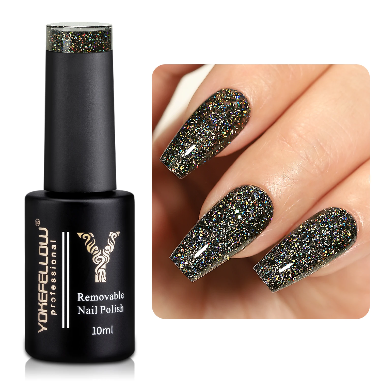 YOKEFELLOW10mlBlackGlossyReflectiveGelNailPolishBaseTopCoat