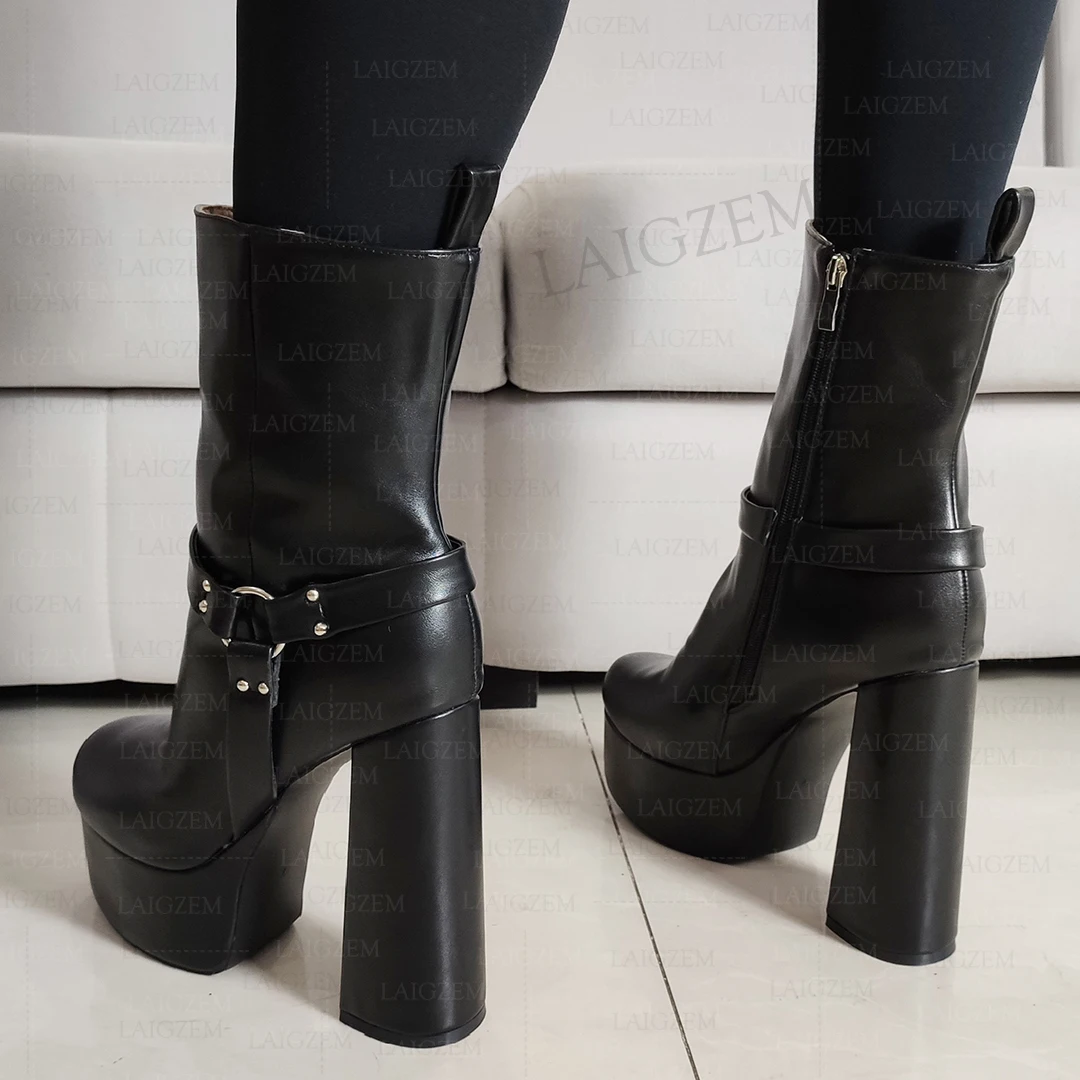 Women Ankle Boots Platform Round Toe Thick High Heels Side