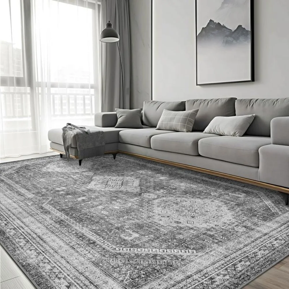 

Non Slip Machine Washable Indoor Rug, Low Pile Chenille Print Mat for for Living Room, Entryway,Hallway, Bedroom Gray