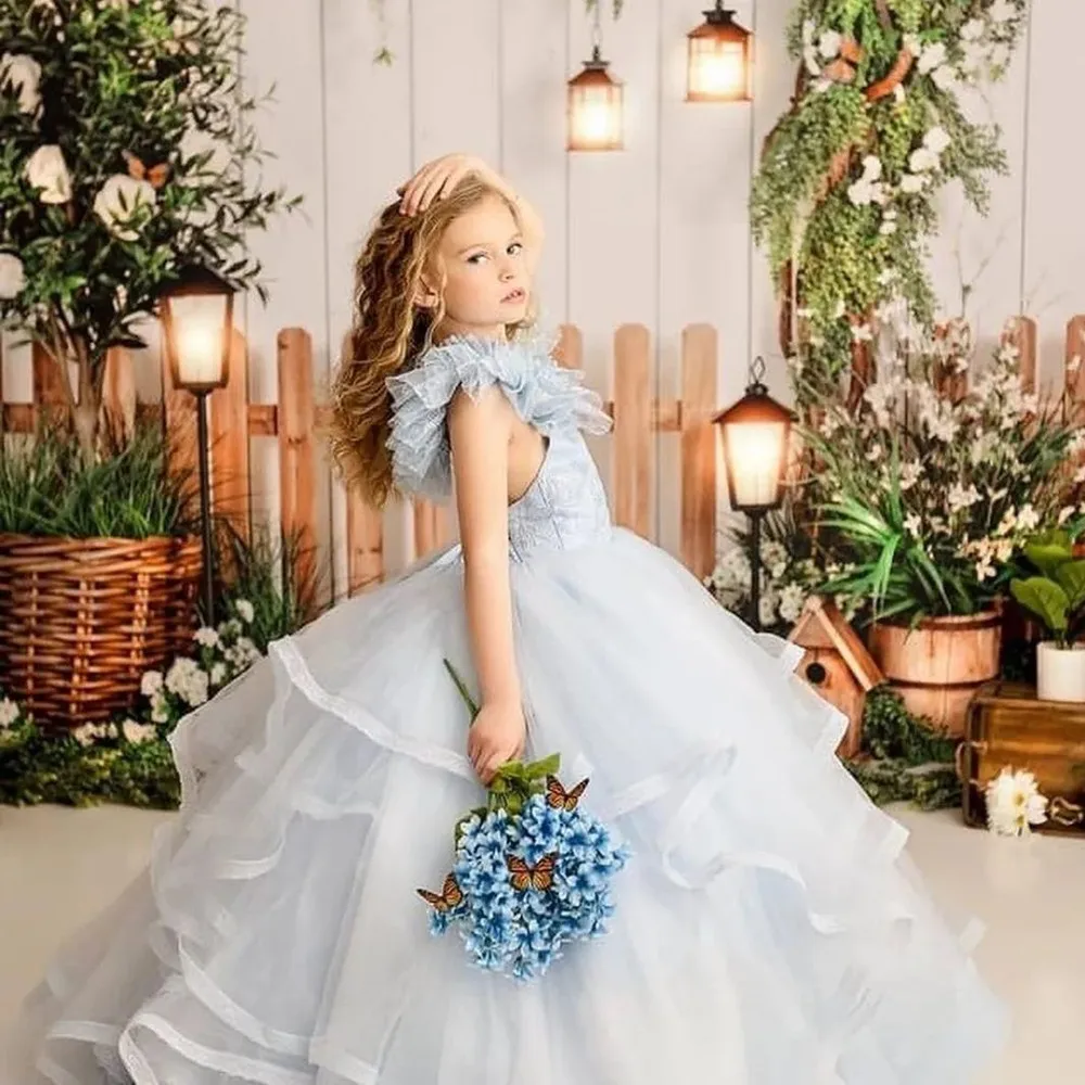 

Blue Flower Girl Dress For Wedding Tulle Puffy Sleeveless Floor Length First Communion Evening Party Pageant Prom Ball Gowns