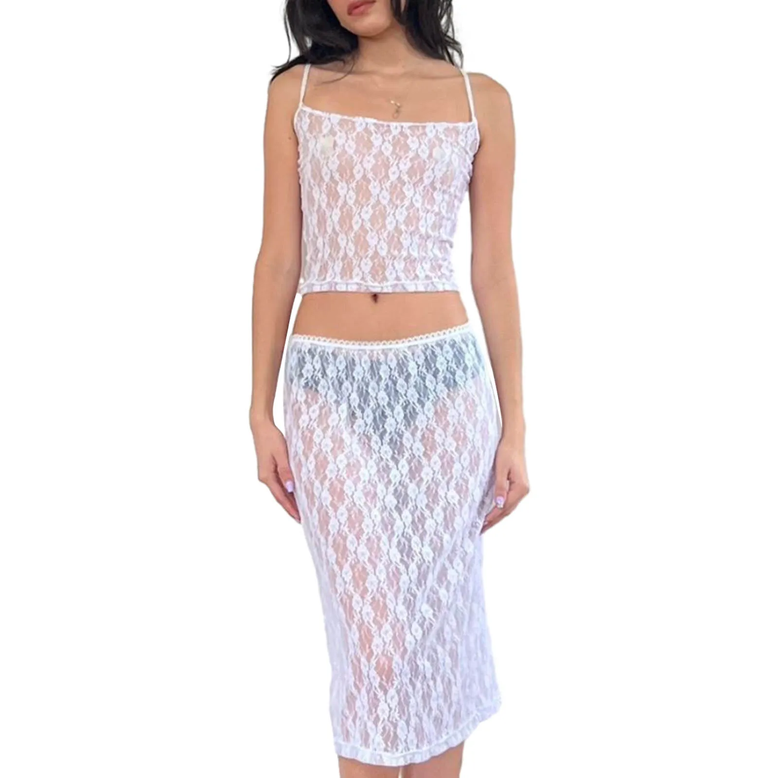 

Women Skirt Set See-through Lace Spaghetti Straps Camisole with Low Waist Midi Skirt Summer Outfit