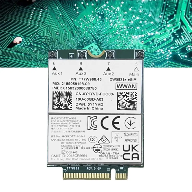 A23F-T77W968 Dw5821e E-SIM 4G LTE 모듈 CAT16 1Gbps FDD-LTE TDD-LTE E-SIM 4G 카드 모듈 키트(델 5420 5424 7424 7400용)