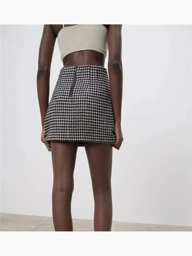 

Women Autumn Casual Gray Houndstooth Print 2023 New Mini Skirt Female Fashion High Waist Straight Short Skirts Femme Faldas