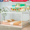 Queen Size Wooden House Bed Frame Kids Floor Bed with Headboard Roof Slats Support Children's Imaginative Play Durable Design 1