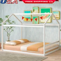 Queen Size Wooden House Bed Frame Kids Floor Bed with Headboard Roof Slats Support Children's Imaginative Play Durable Design 1