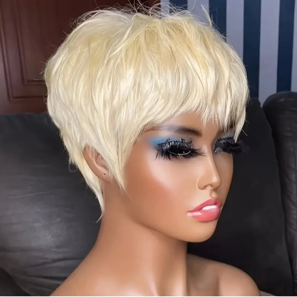 픽시컷 단발 가발(뱅 포함) 브라질산 인모 스트레이트 스타일 여성용 풀머신 제작