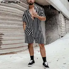 

Handsome Well Fitting New Men's Striped Sets Short Sleeve T-shirts Short Pants Striped Printing Stylish Suits S-5XL INCERUN 2021