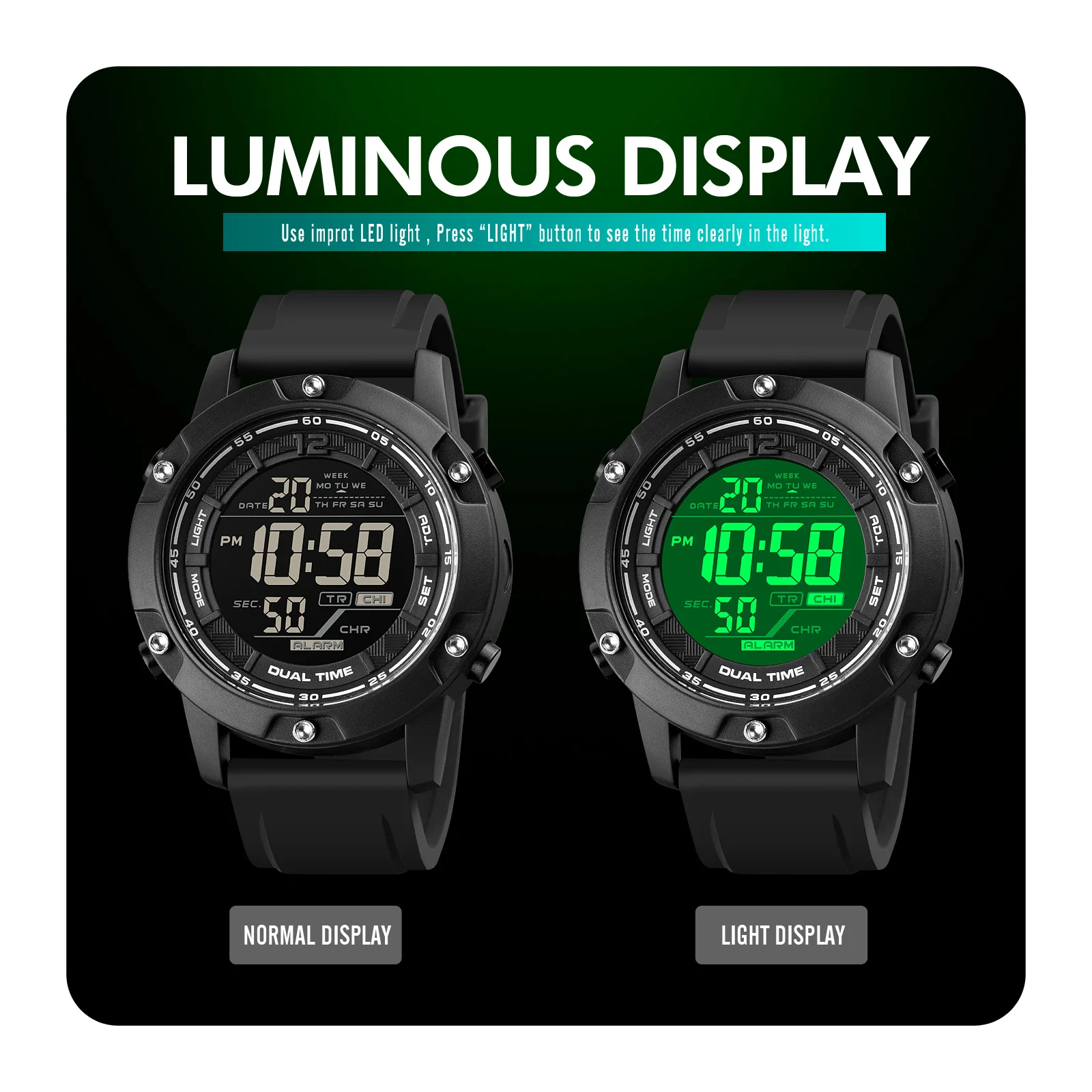SKMEI Top Band Swimming Digital Sports Watch Mens 10Bar Waterproof Countdown LED Light Wristwatches Alarm 5