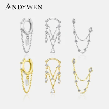 ANDYWEN 925 스털링 실버 골드 체인 지르콘 체인 드롭 스터드 귀걸이 라인 크리스탈 CZ 럭셔리 클립 파인 쥬얼리 결혼 선물