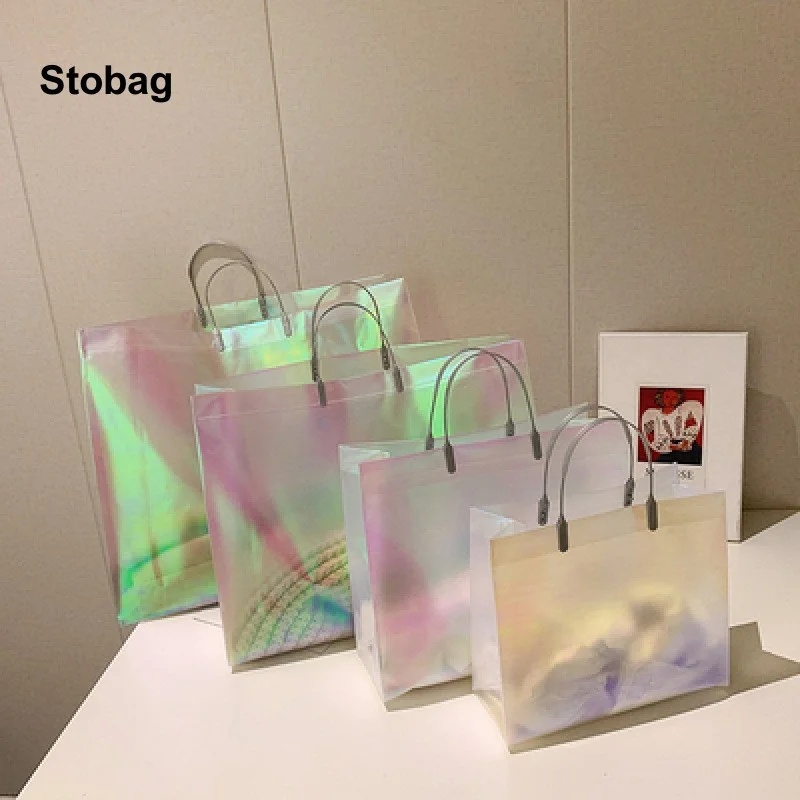 StoBag 25pcs Transparent Rainbow Shoulder Tote Bags Woman's Shopping Plastic Fashion Girl Gift Birthday Wedding Portable Logo