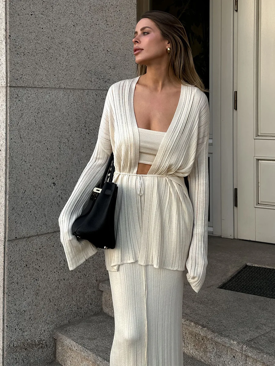 Bornladies Women's Minimalist Autumn Winter Knit Set Cardigan Camisole Skirt Loose Design Solid Color Vest Sweater 3-piece Set