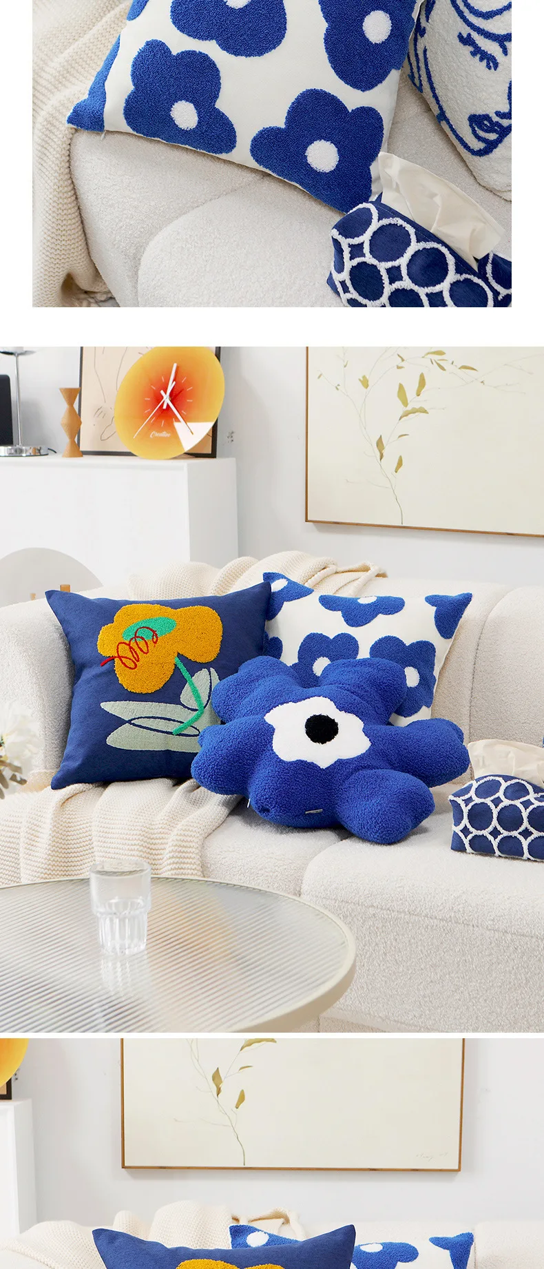 Lain Blue Flower Daisy Kissenbezüge mit Stickerei, niedliche, minimalistische, dekorative Kissenbezüge für Sofa, Bett, Wohnzimmerdekoration – Detail 7