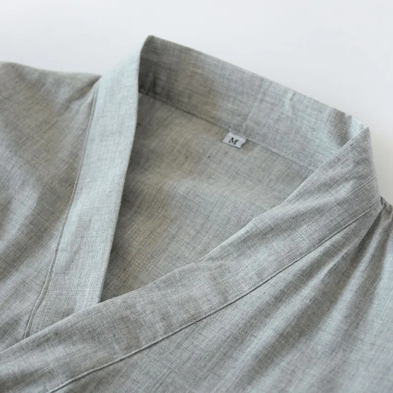 Men Casual Japanese Kimono Yukata Long Sleeve Bathrobe Pajamas Lace-up Belt Cotton Loose Homewear Solid Color Sleeping Robe