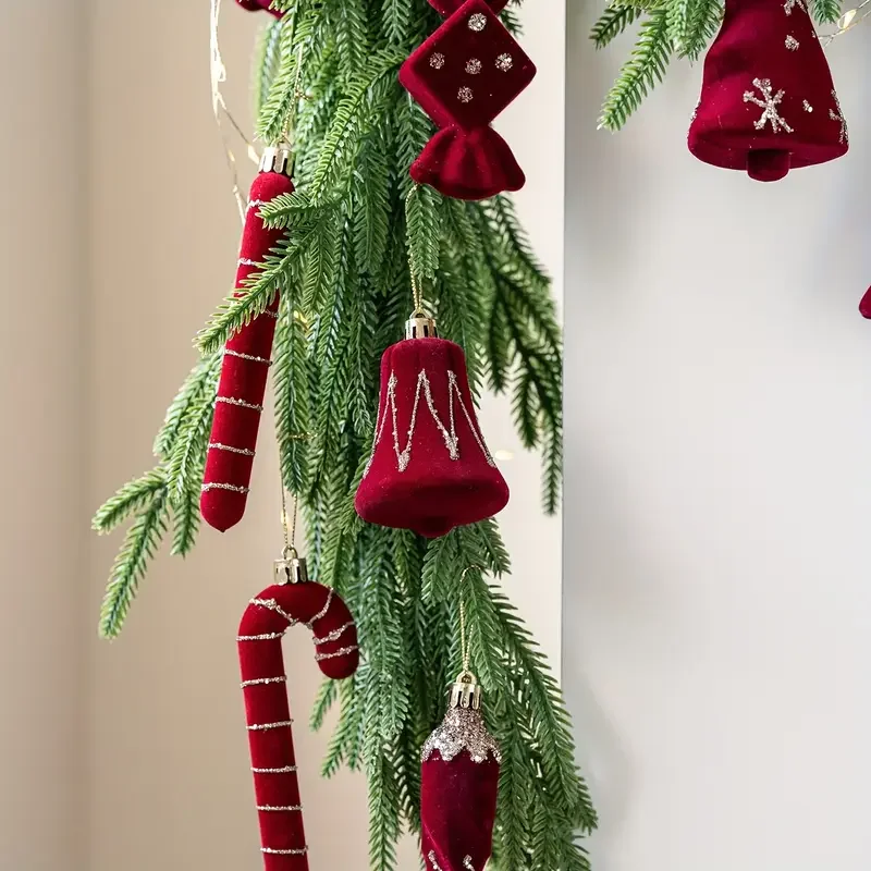 2pcs Velvet Christmas Candy Cane Bell Icicle Ornaments Burgundy Red Xmas Tree Hanging Pendants Christmas Party Home Decoration