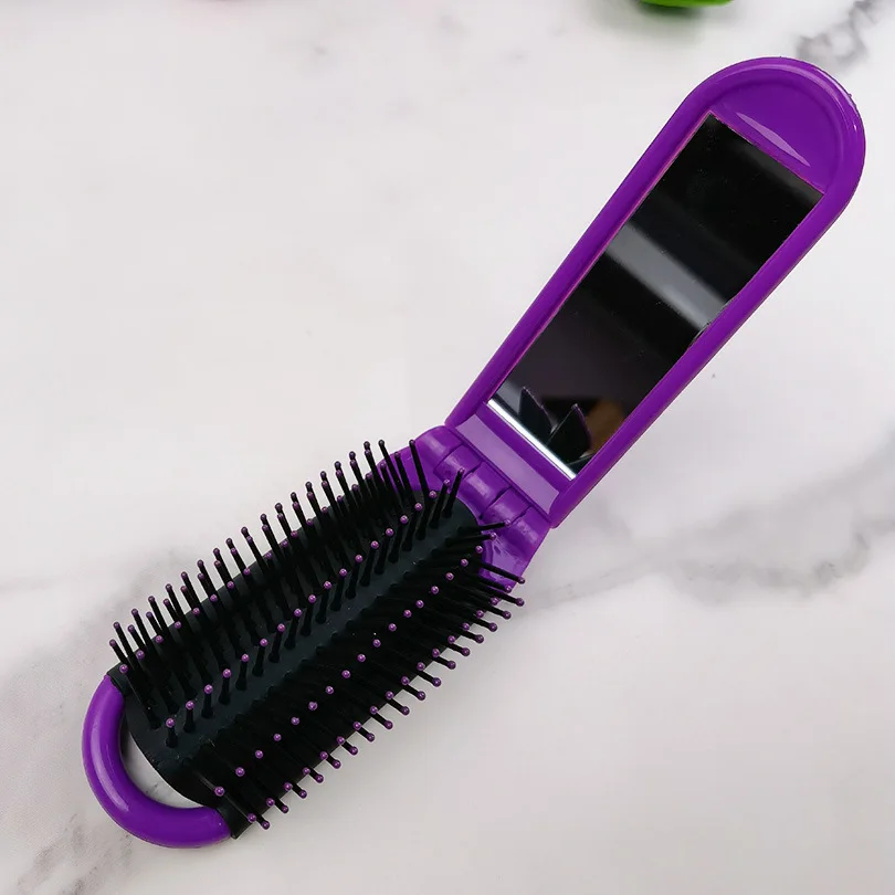 Compact Dual-Use Folding Hair Brush with Mirror - Portable and Heat-Resistant