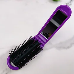 Compact Dual - Use Folding Hair Brush with Mirror - Portable and Heat - Resistant (Purple)
