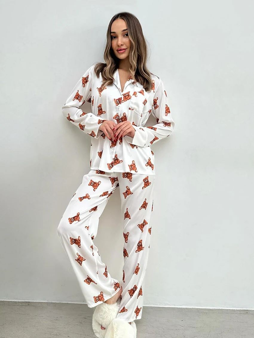 Marthaqiqi Casual Women'S Pajamas 2 Piece Set Long Sleeve Nightgowns Sexy Turn-Down Collar Sleepwear Wide Leg Pants Nightie Suit