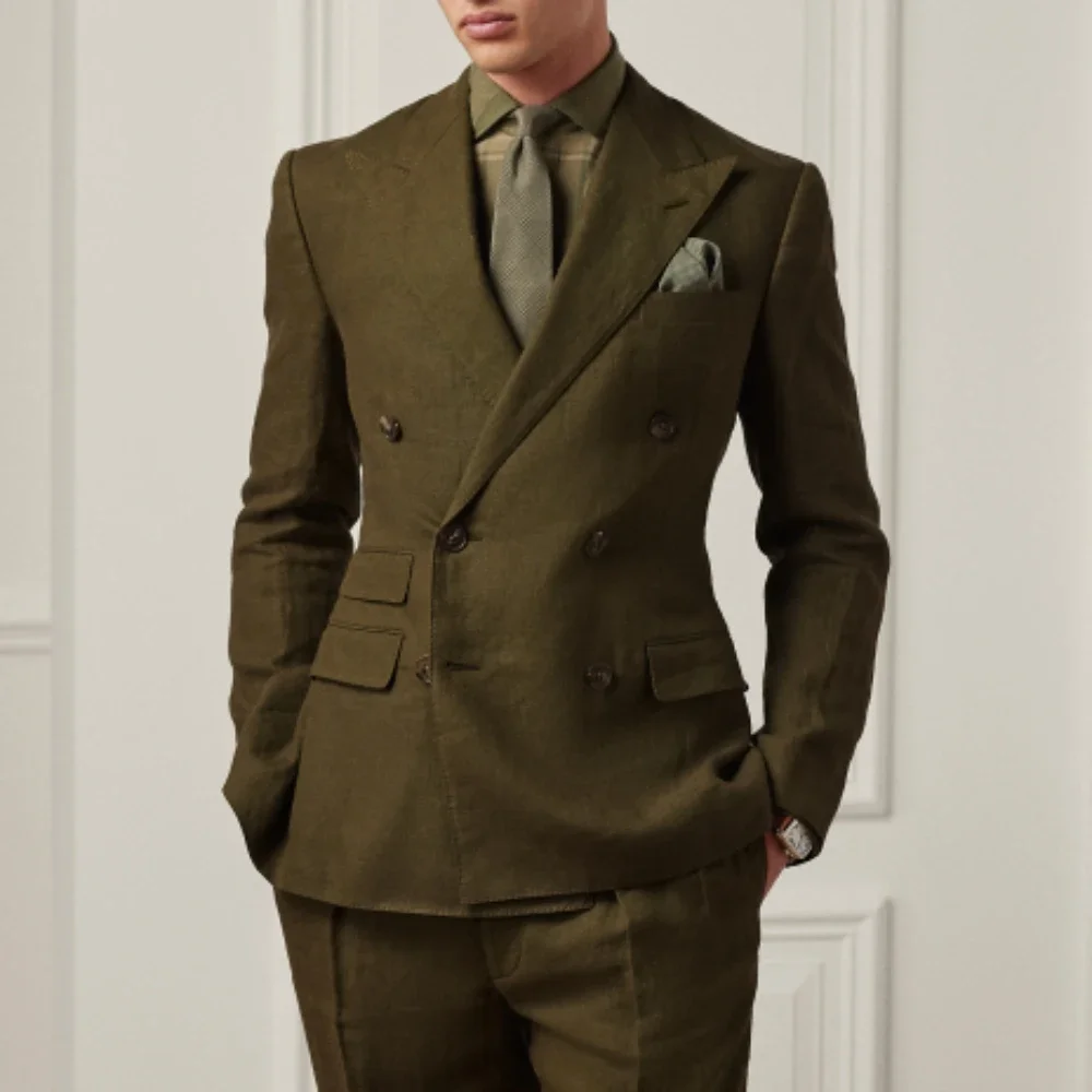Army Green Summer Linen Double Breasted Men Suits Smart Casual Slim Fit Blazers Business High Quality Custom 2 Piece Set Costume
