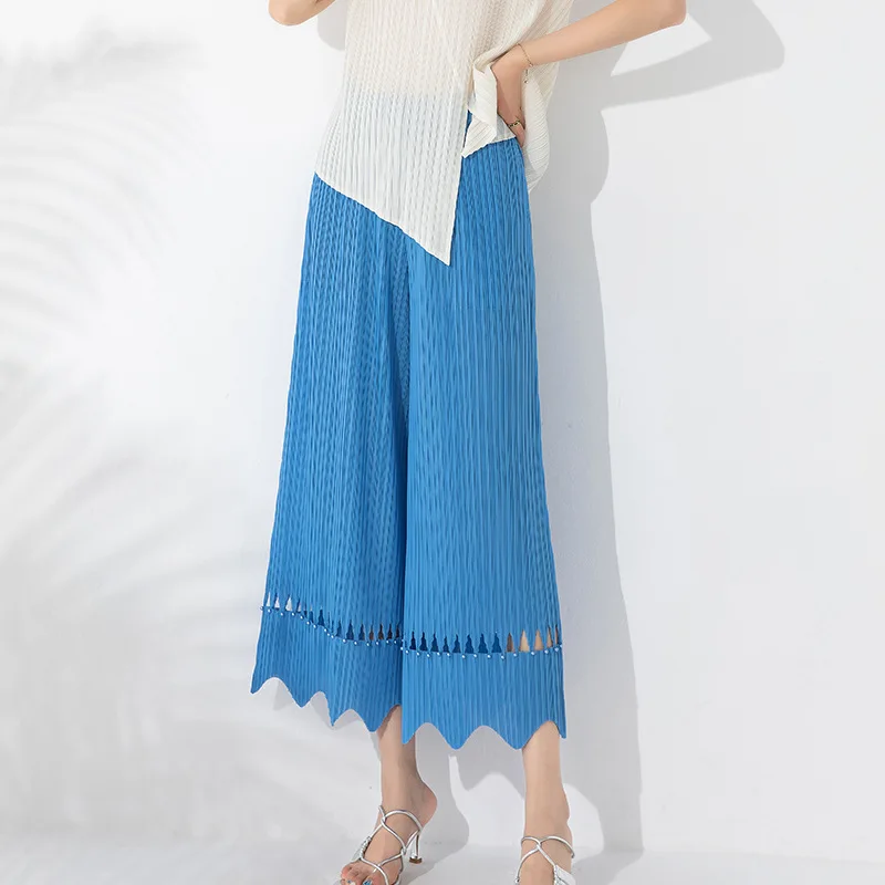 Miyake Pleated Pants Women 2023 Summer Design Sense Beaded Hollow-out Burnt Flowers High Waist Dropping Cropped Wide-Leg Pants