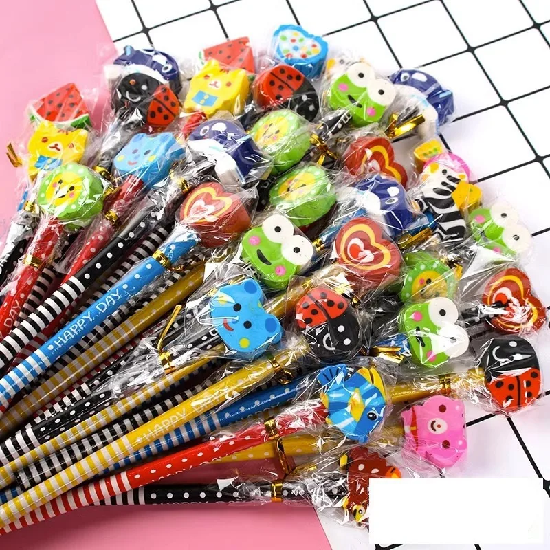 Eraser Pencil Writing Stationery 40piece Random cartoon animal HB pencils School students Wooden pen with removable eraser cute erasable correction pen