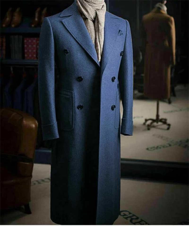 

Blue Woolen Men Overcoat Mens Suit Custom Made Costume Homme Formal Double Breasted Autumn Winter Long Coat Designer Jacket