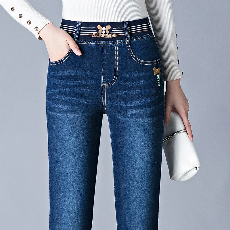 

New Mom Vintage Casual Stretch Denim Pants Woman high Waist Slim Pencil Jeans Spring Fall Korean big Size 6XL Kot Pantolon