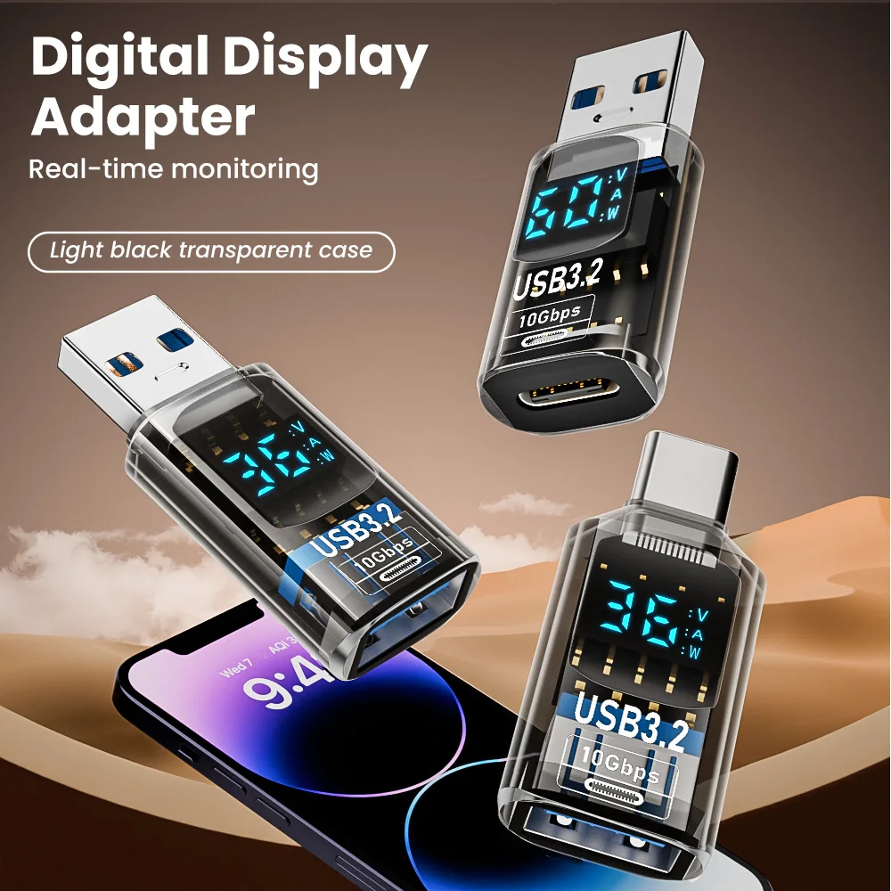 Digital Display USB3.2 To Type C Adapter Fast Charging USB Male to Female Data Transfer Converter USB Adapter For PC Laptop