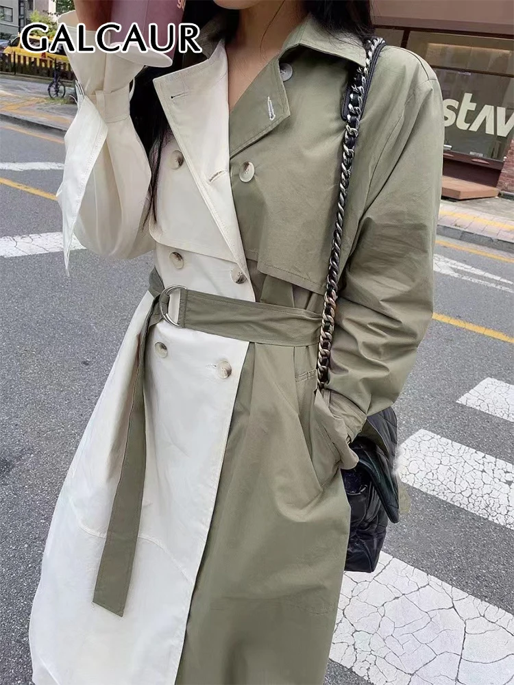 

GALCAUR Colorblock Loose Trench For Women Lapel Long Sleeve Double Breasted Patchwork Lace Up Korean Autumn Chic Trenches Female