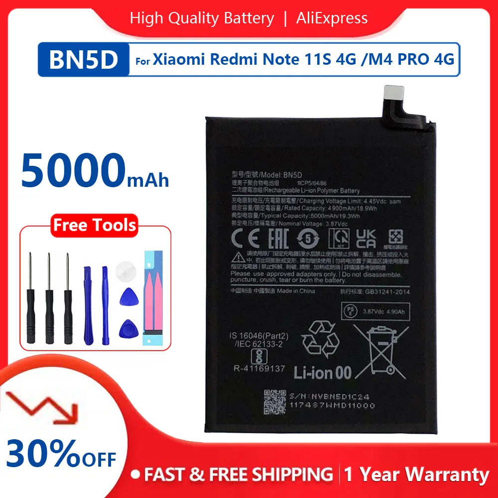 

Genuine New 5000mAh BN5D Replacement Battery For Xiaomi Redmi Note 11 11S 4G M4 PRO 4G Mobile Phone Batteries + Free Tools