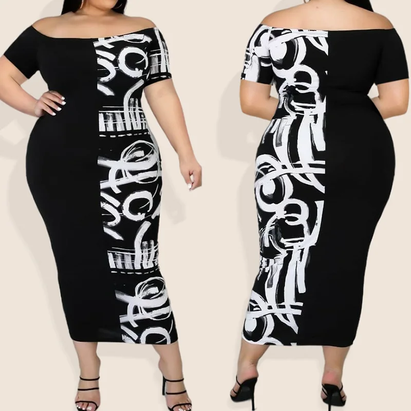 Plus Size Casual Summer Clothes for Women Round Neck Black and White Printing Short Sleeve Pullover Slim Ankle-length Dresses