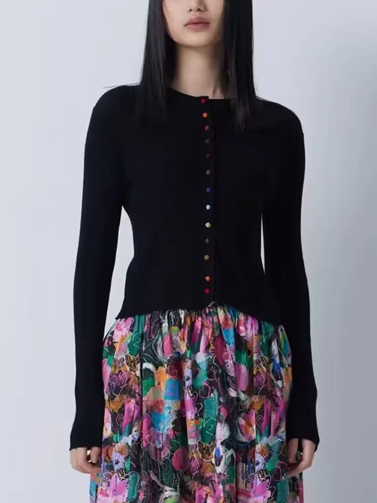 

Вязаный кардиган для женщин, новинка 2023, яркий облегающий Повседневный свитер с длинным рукавом и круглым вырезом и пряжкой