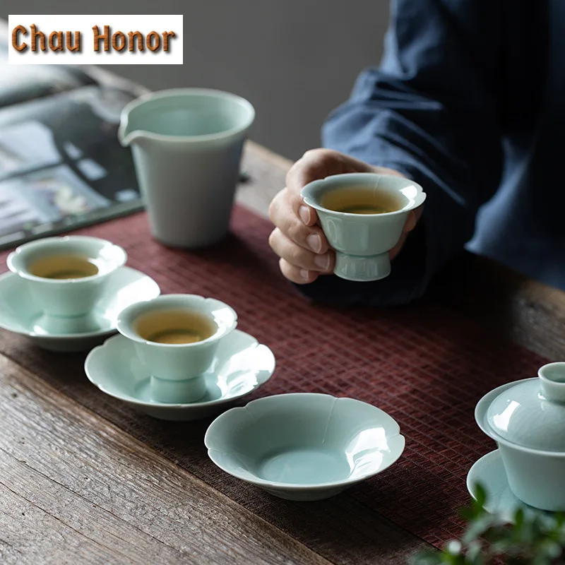 Creative Hutian Kiln Tea Cup Holder Small Cup Pad Cup Holder Trays Green Glaze Ceramic Snack Plate Kung Fu Tea Set Tea Ceremony