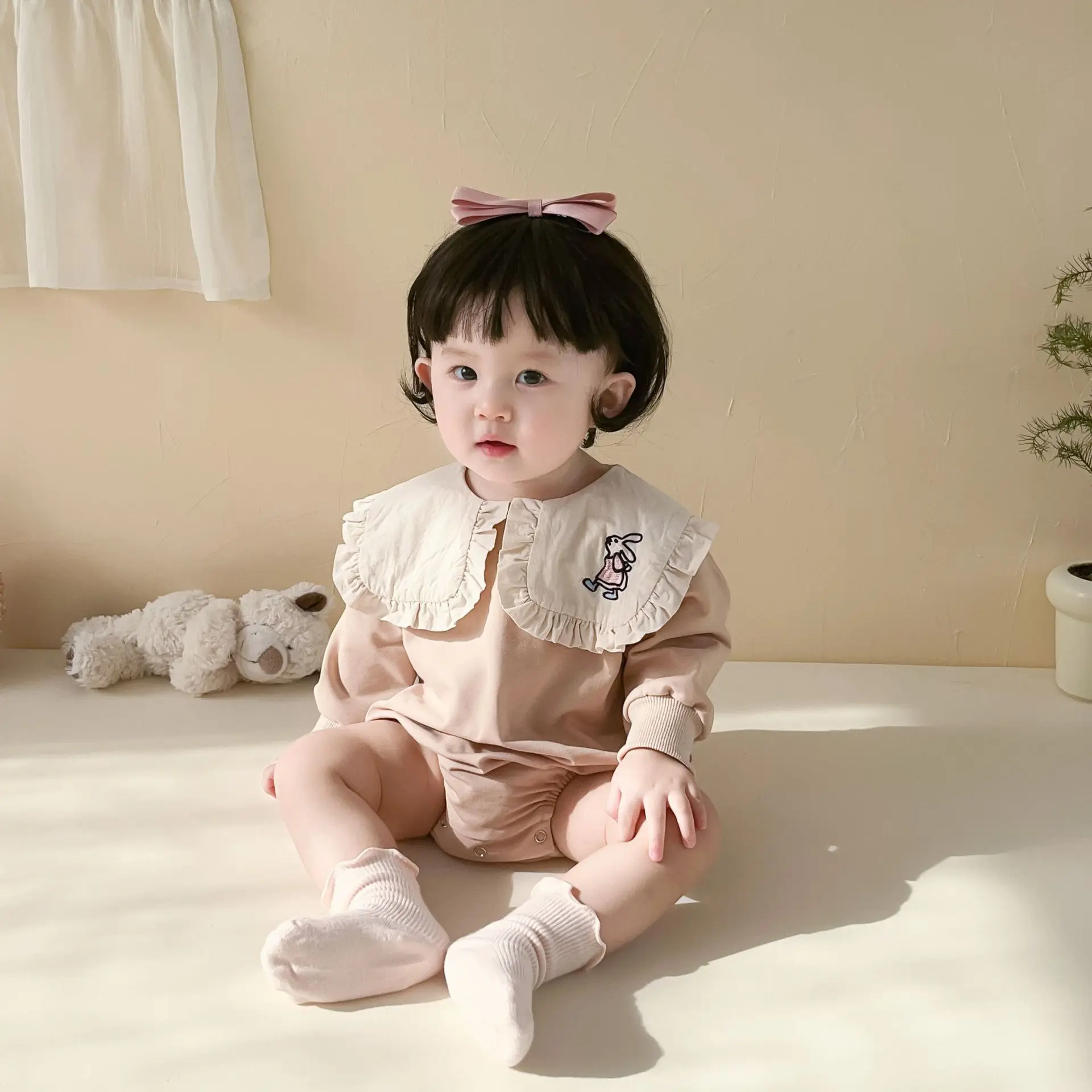 

2023 Autumn Korean Baby Girls Onesies Cotton Long Sleeve Cartoon Embroidery Lapel Infant Girls Bodysuit Newborn Girls Rompers