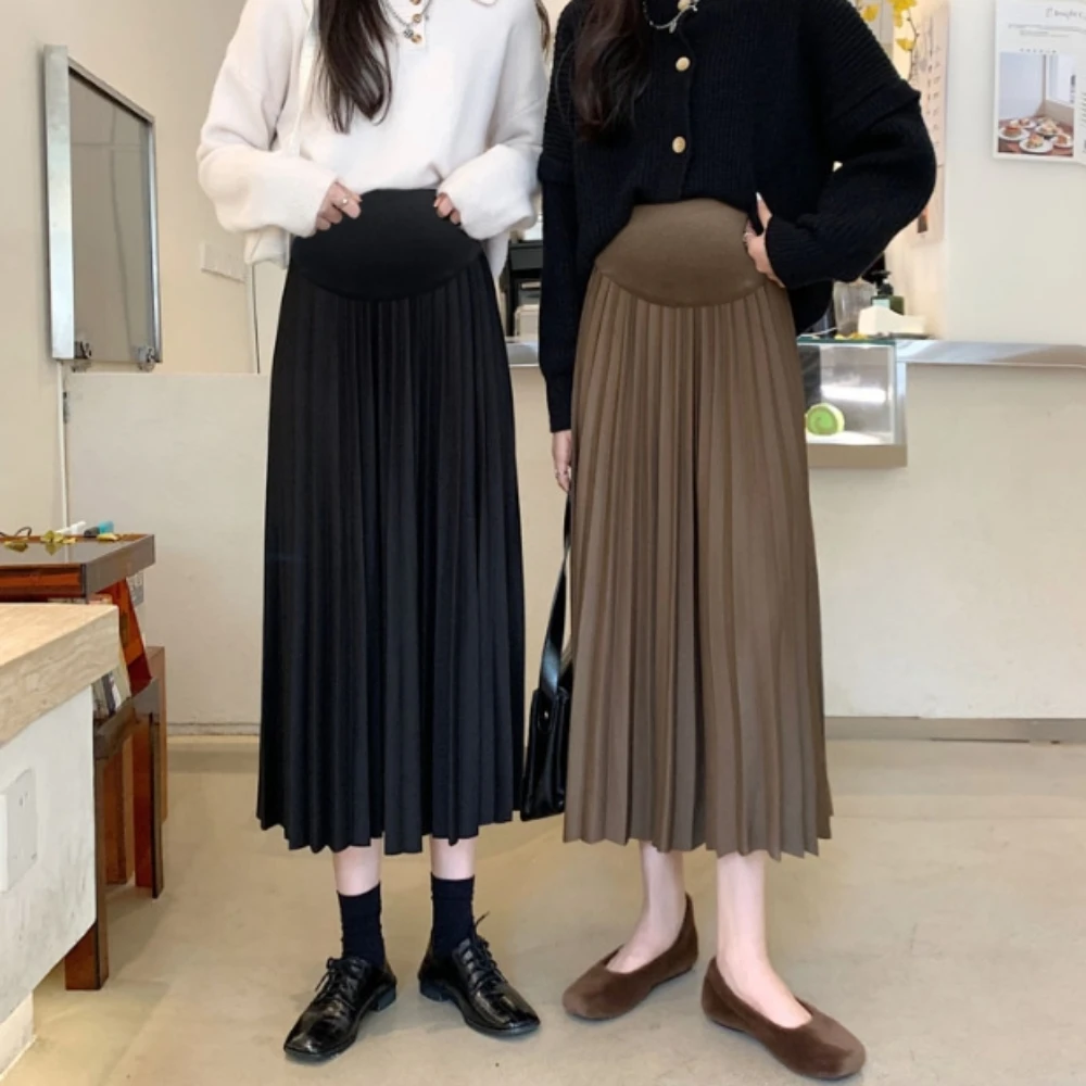 Spring Autumn Knitted Maternity Long Skirts Elastic Waist Belly A Line Swing Clothes for Pregnant Women Casual Pregnancy