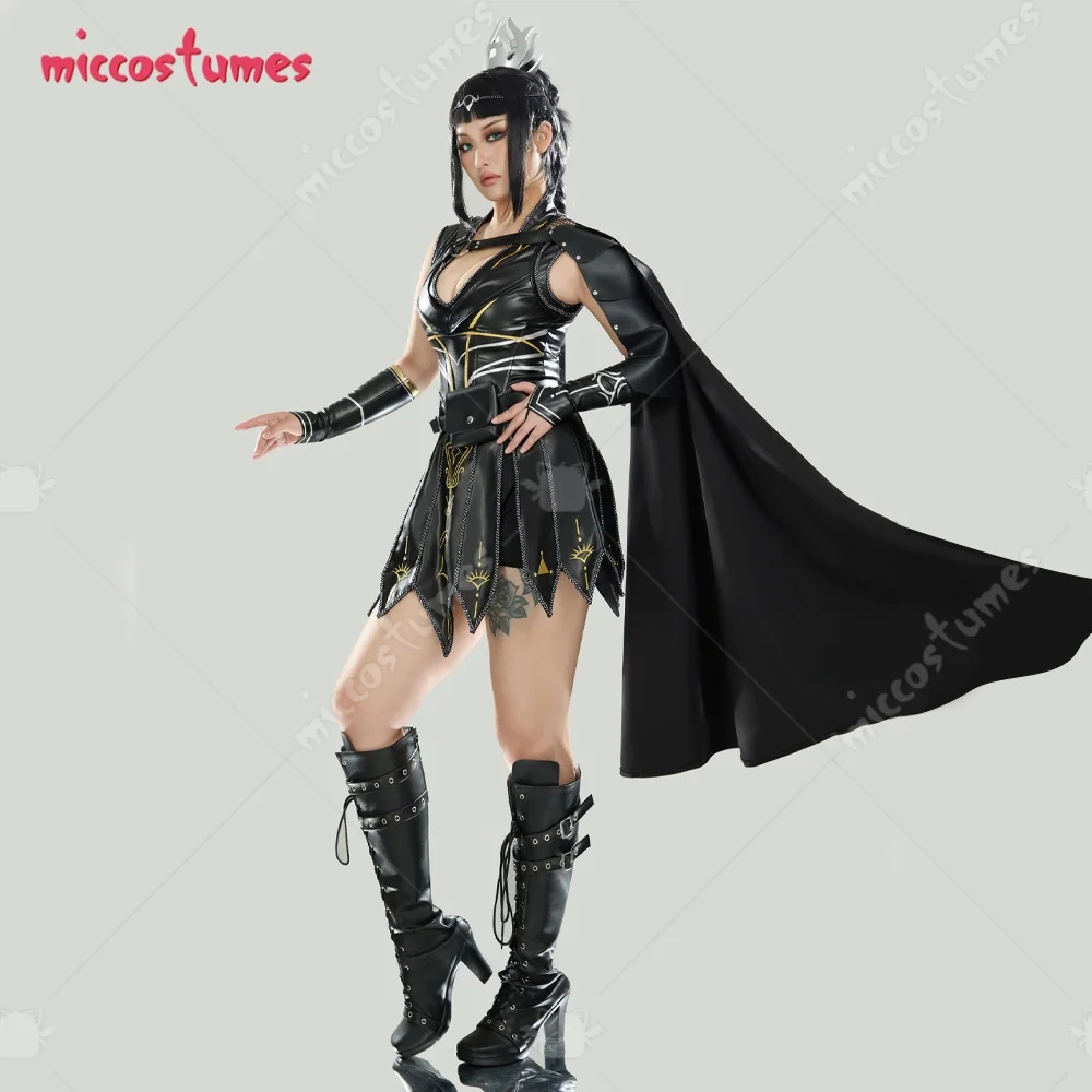 Damen Shadowheart Derivative Battle Suit Schwarzes Deep V Lederkleid mit Cape und Unterteilen Cosplay Kostüm 3