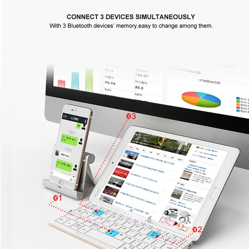 Mini Teclado Bluetooth sem Fio Dobrável com Suporte para Telefone Recarregável Alumínio Teclado - Imagem 5