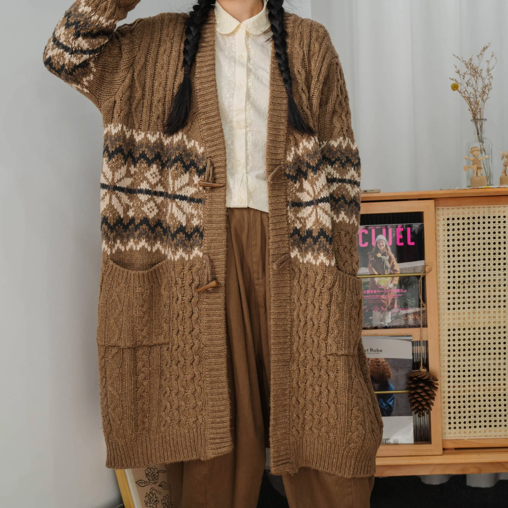 

Женский Повседневный жаккардовый кардиган, длинный вязаный кардиган в этническом стиле, Пляжная верхняя одежда в стиле бохо, теплый жакет, джемперы оверсайз для осени и зимы