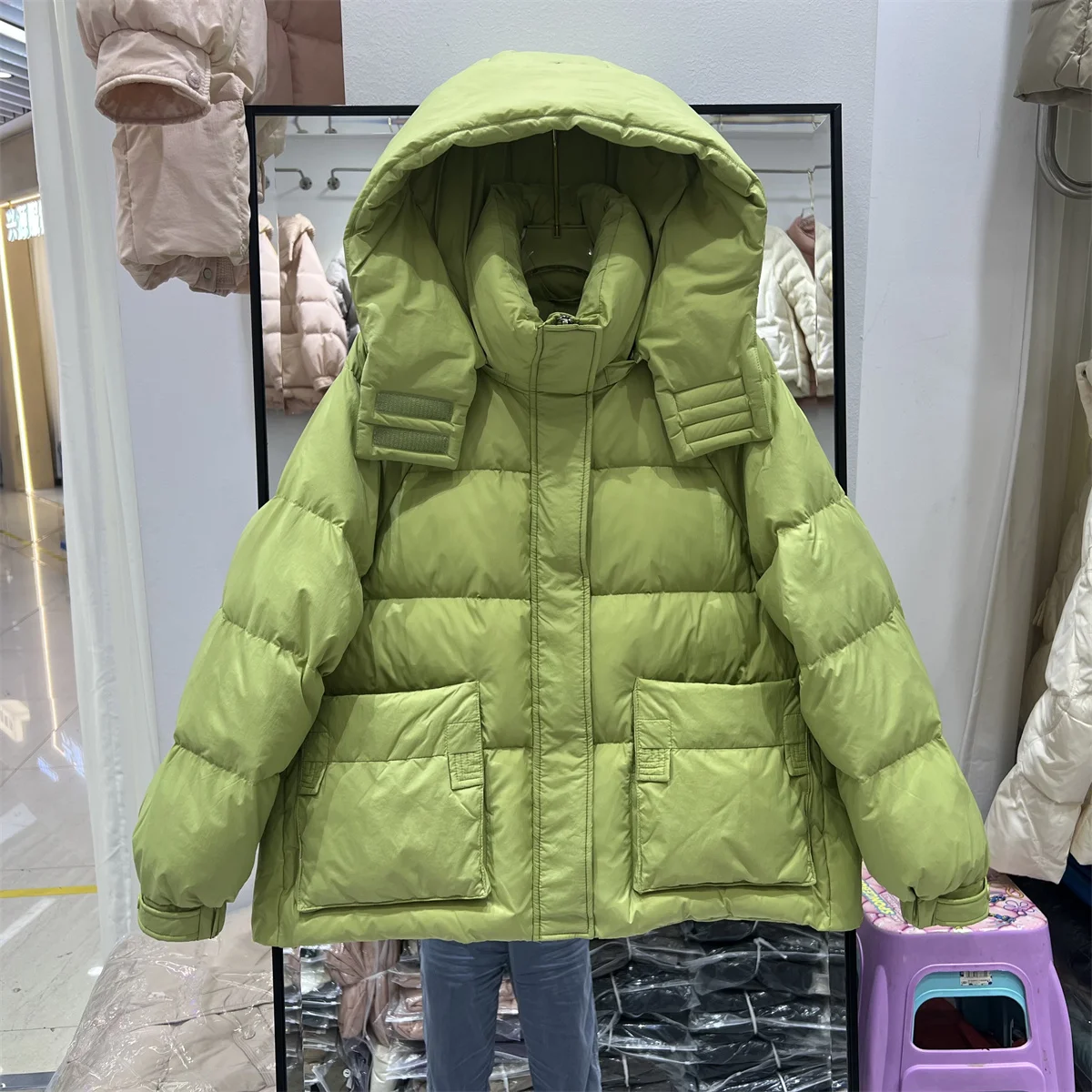 

Winter 2023 New Down Jacket Women's Fashion Hooded Thickened Loose Warm Long Sleeve Casual White Duck Down Coat L625