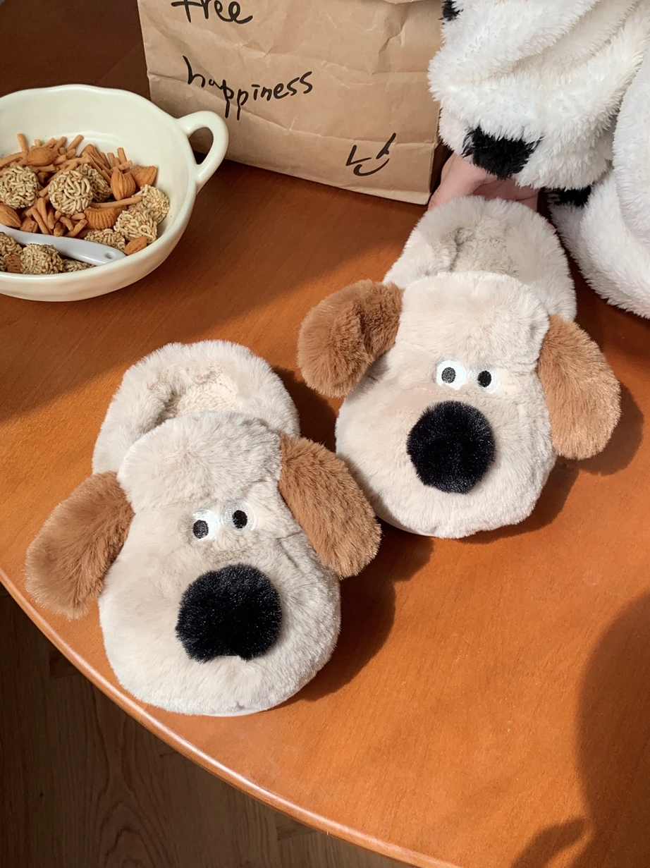 Cute Puppy Cotton Slippers For Men And Women Plush Home Slipper Interior Insulation Ins Cartoon Palm Dog Parent-child Slippers