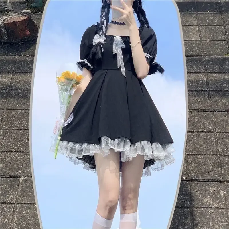 Gothic Lolita Dress Women Goth Harajuku Cute Lace Black Puff Sleeve Short Dresses School Jk 2022 Summer Girls