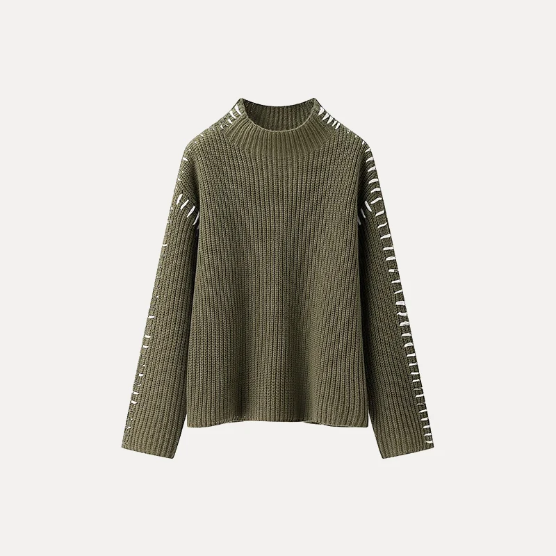 Spring New Sle Women's Faionable Loose Long Sve Stand Collar Sweater Patchwork Slimming Match All Z Polyester Fiber