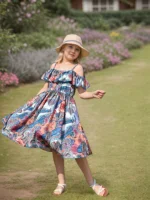 Robe d'été pour filles de 7 à 14 ans, bretelles spaghetti, épaules dénudées, volants, imprimé tropical coloré, pour les vacances à la plage, élégante pour les enfants 4