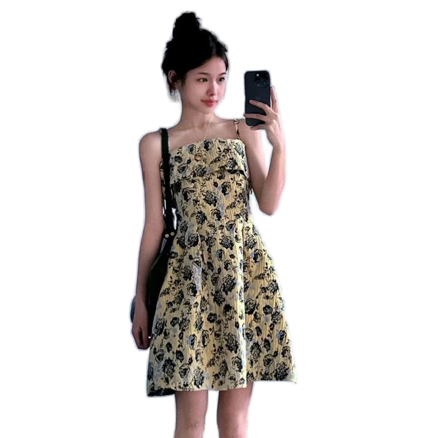 

French style Premium Jacquard Floral Print Dress for Women Arrival Ethnic Print Halter Dress Trendy Slim A line Shape for Lady