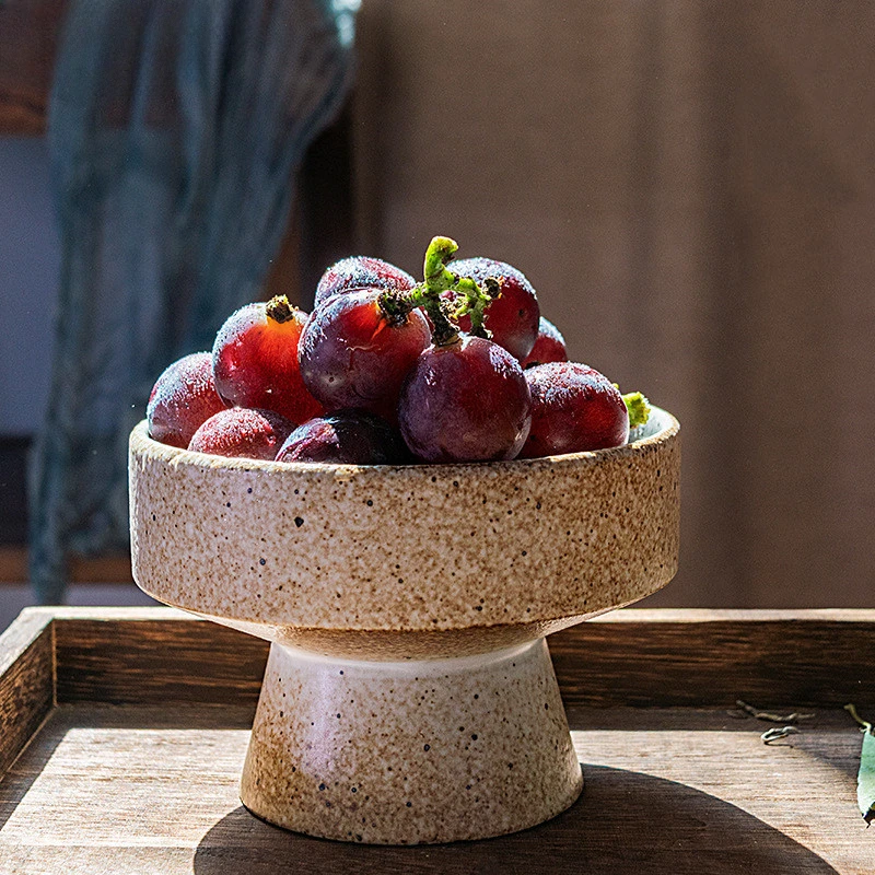

Creative Coarse Pottery Fruit Plate Retro Tray Tall Feet Snack Ceramic Tea Kung Fu Set Living Room Refreshment