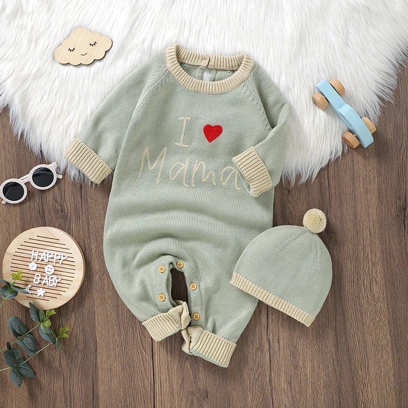 

Newborn Baby Romper Knit Infant Girl Boy Jumpsuit Sets Long Sleeve Autumn Toddler Clothes Hats Fashion Letter 0-18M Overalls 2PC