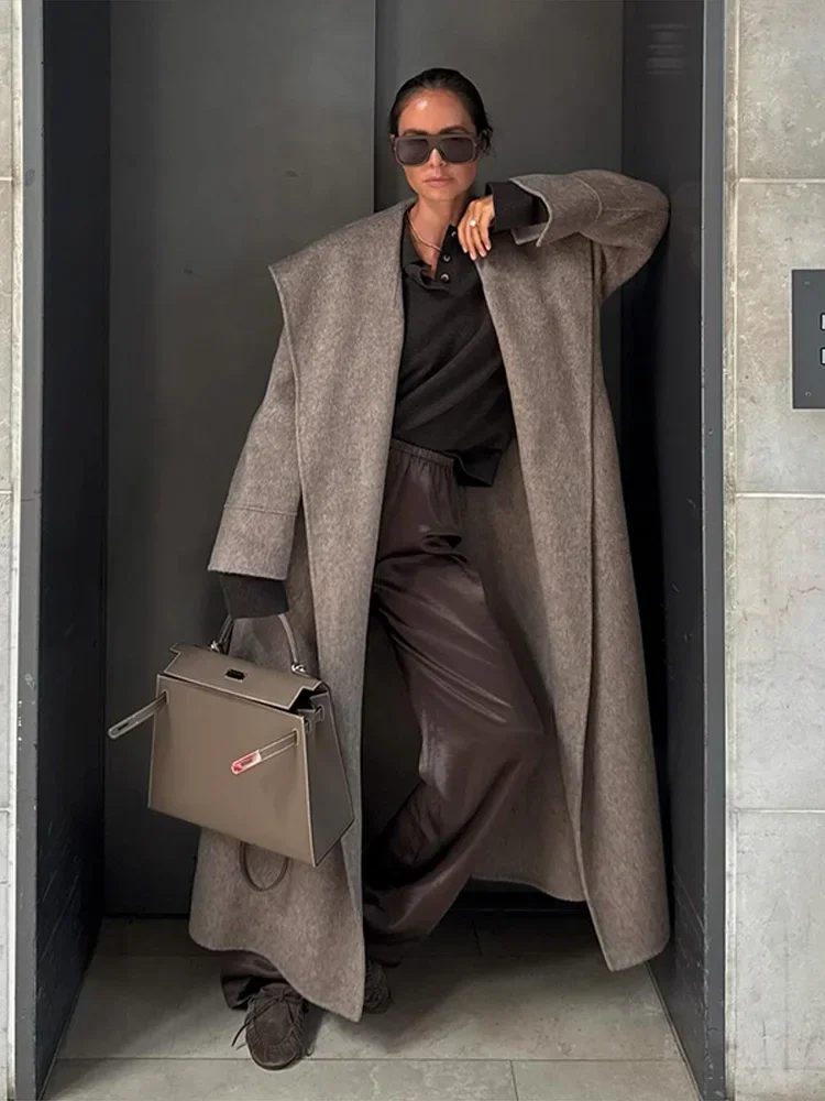 Elegant Wool Women Long Coat Solid Shawl Collar Open Stitch Lace