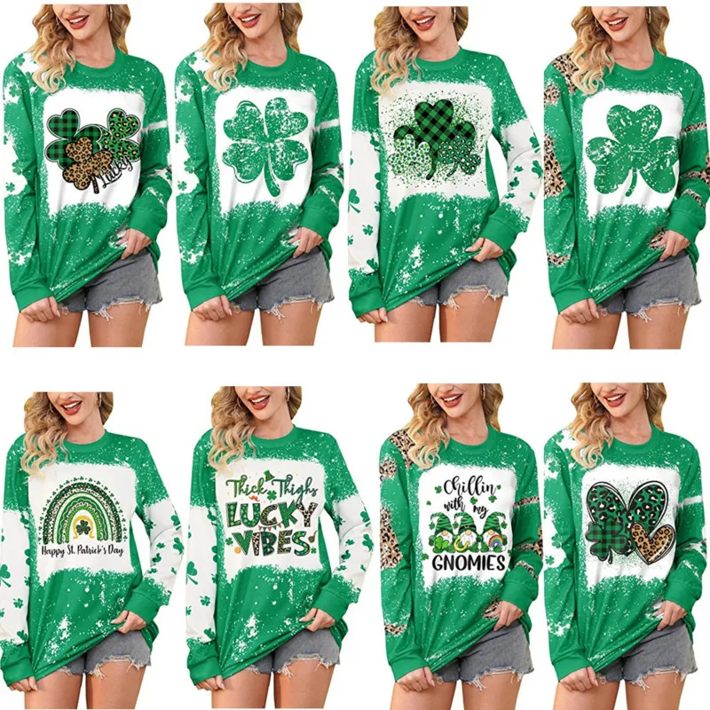 

2024 St Patrick Day Ladies Lucky Clovers Printed Tshirt Loose Oversized Long Sleeved Pullover New Carnival Celebrating Clothing