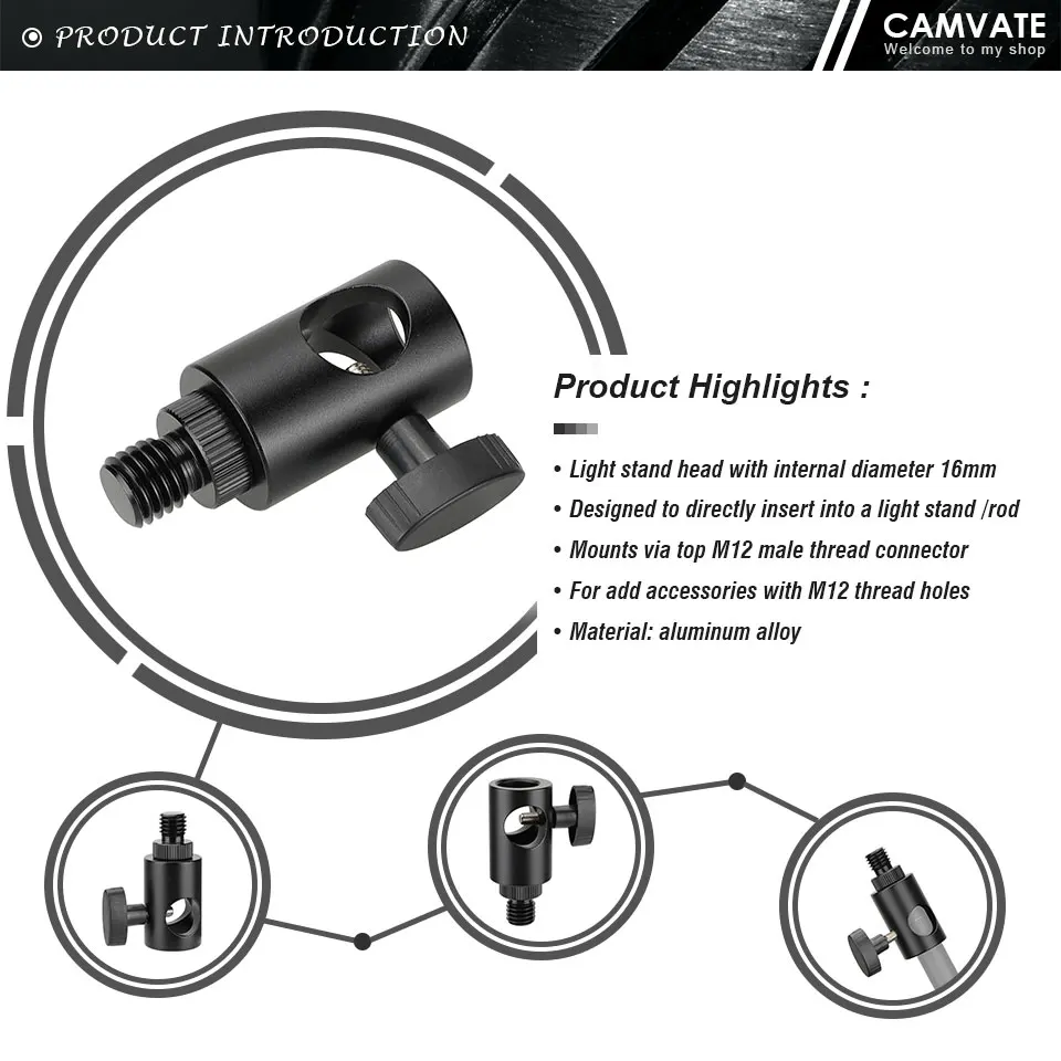 16mm Light Stand Head With M12 Male Thread Connector & 1/4"-20 Thread Screw For