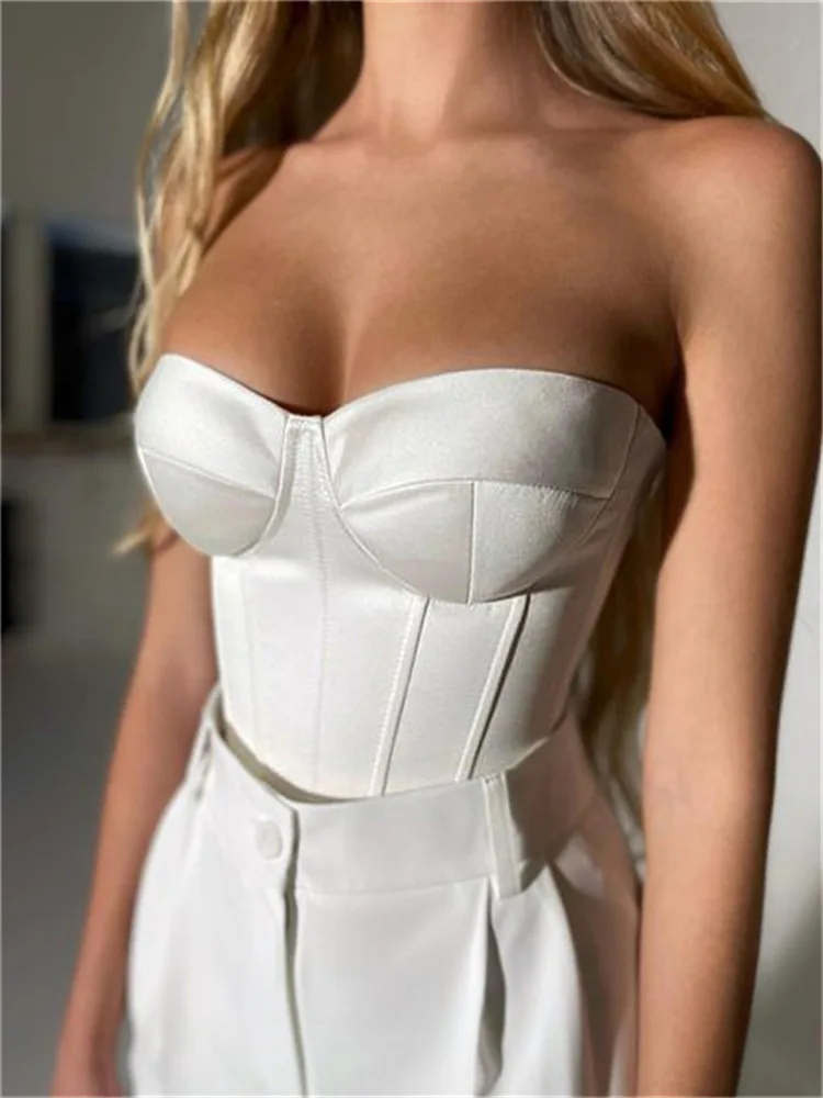 

Forefair Corset With Cups Black Bustier Fishbone Satin Crop Top Backless Off Shoulder Slim Sexy Ladies Summer Beach Party Club